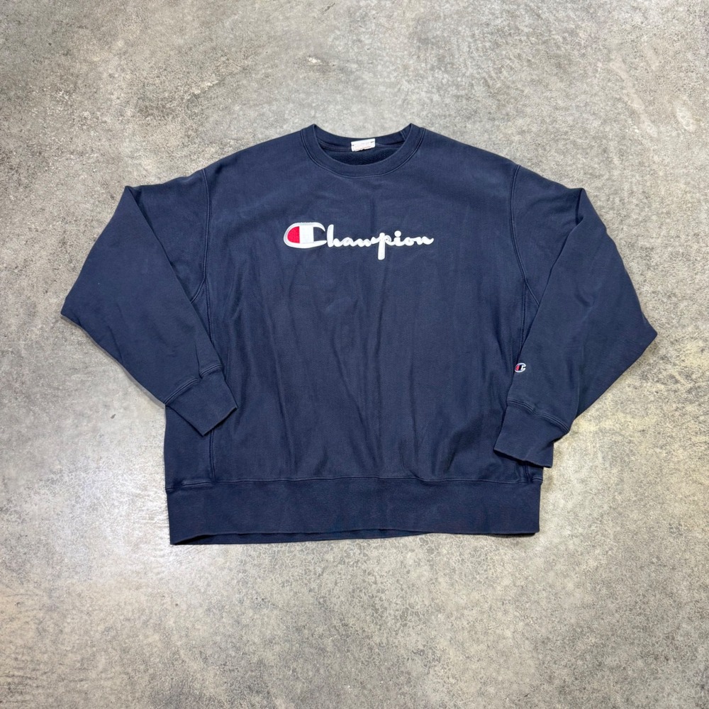 Champion Sweatshirt Mens 2XL Navy Reverse Weave Script Logo Pullover Athletic